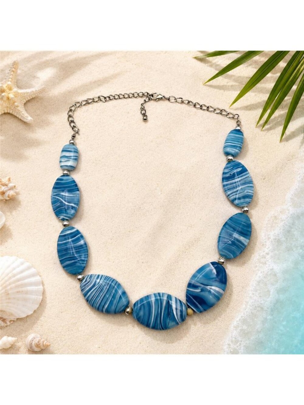 Blue White Banded Agate-Look Glass Bead Necklace Silver Tone 20 in Adjustable